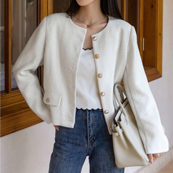 Cream Gold button front tweed jacket cardigan collarless blazer - Picture 3 of 4